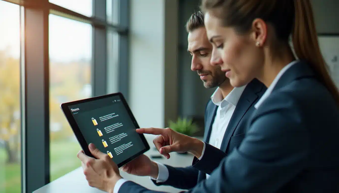 Deux professionnels consultant des documents partagés de façon sécurisée sur une tablette dans un bureau moderne, illustrant le partage de documents via un coffre-fort numérique