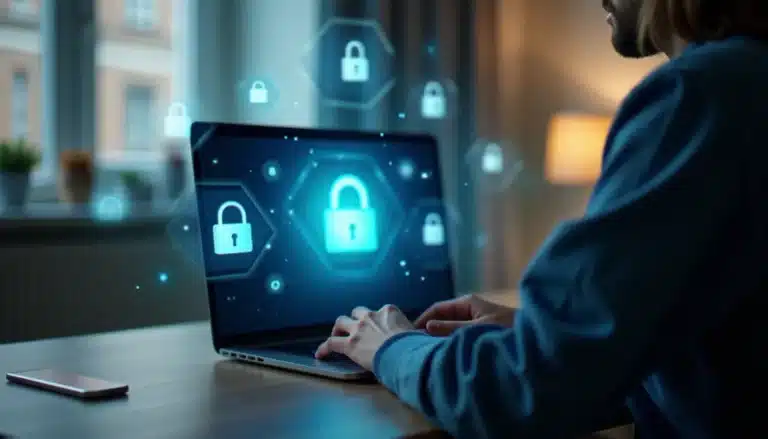 Personne utilisant un ordinateur portable pour accéder à un coffre-fort numérique Digiposte depuis son bureau à domicile