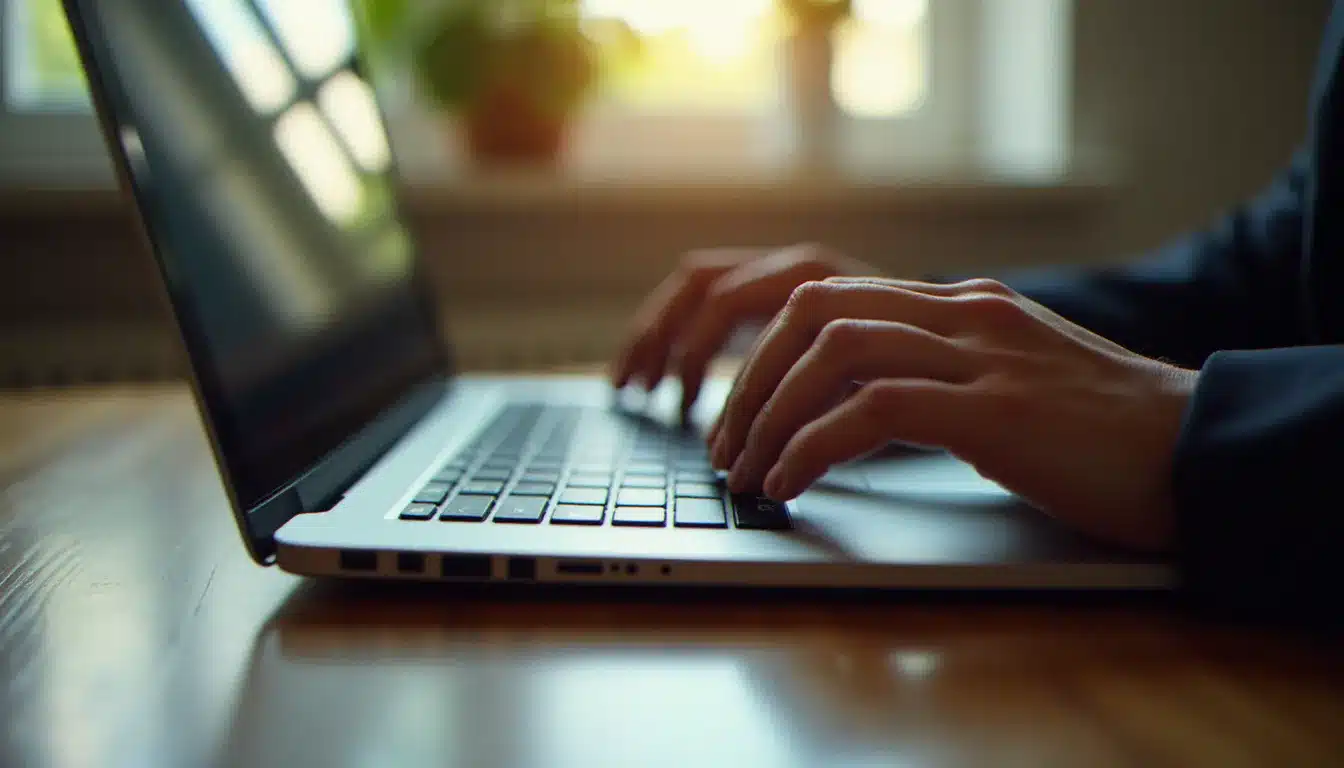 Mains tapant sur un clavier d'ordinateur portable en utilisant la combinaison de touches pour saisir un é majuscule sous Windows