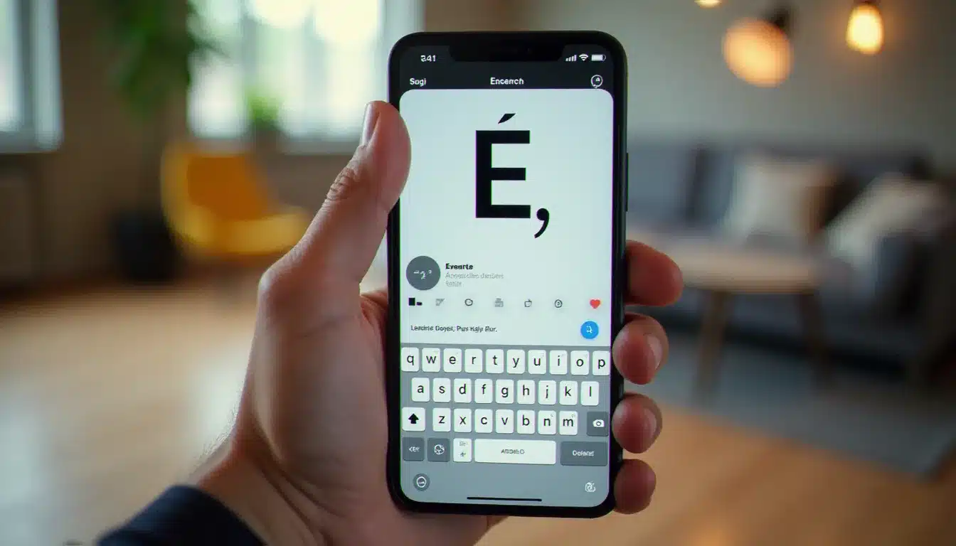 Écran de smartphone affichant le menu contextuel du clavier mobile avec les variantes du é majuscule disponibles lors d'un appui long sur la touche E