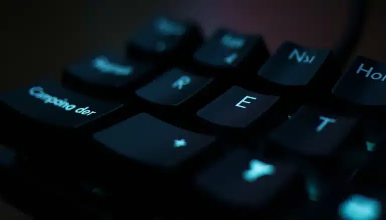 Clavier mécanique AZERTY rétroéclairé en gros plan, illustrant la recherche du é majuscule sur les touches