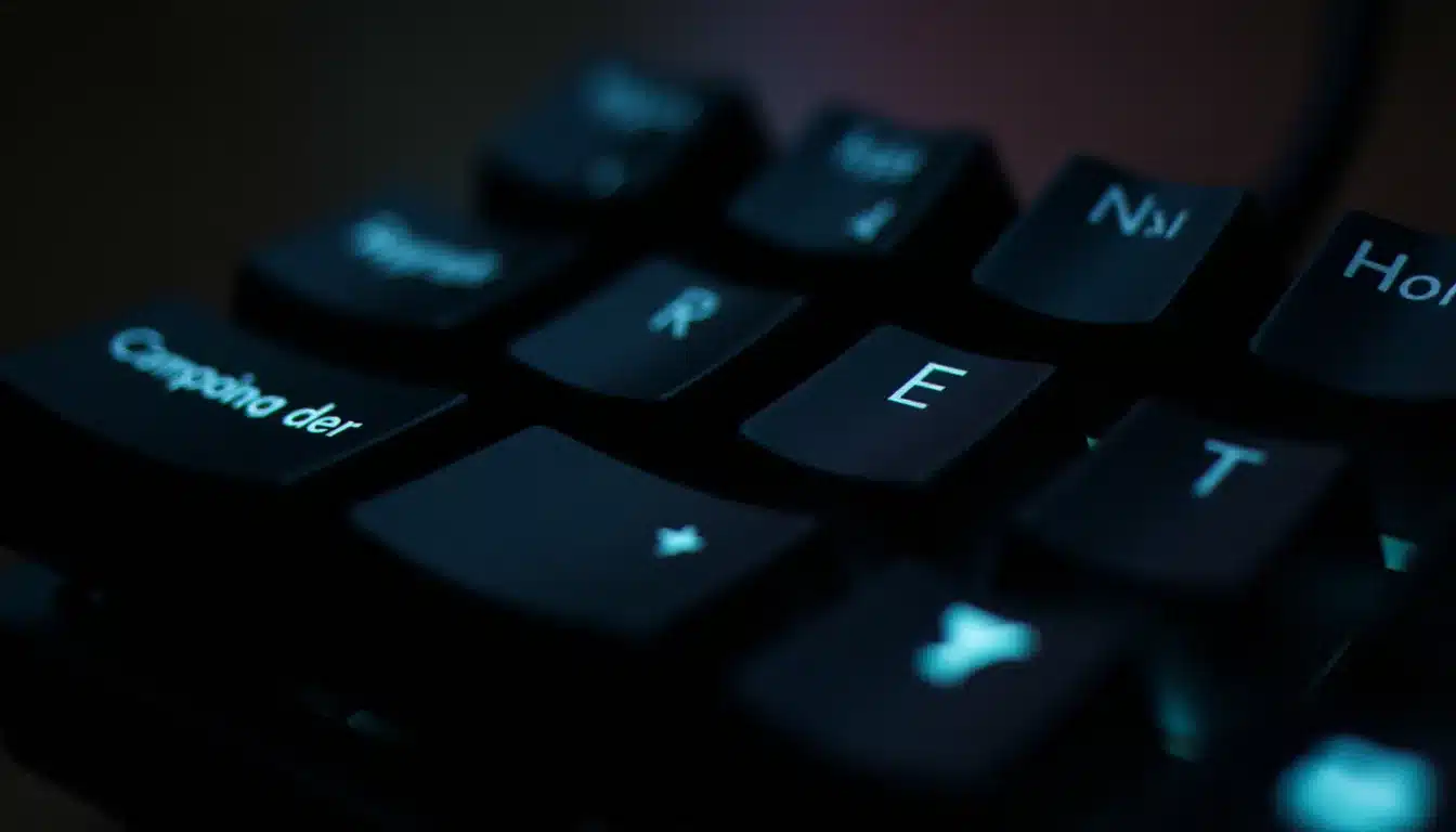 Clavier mécanique AZERTY rétroéclairé en gros plan, illustrant la recherche du é majuscule sur les touches