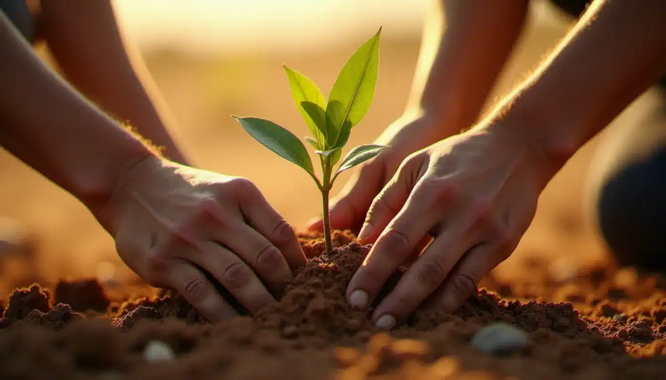 Des mains qui plantent un jeune arbre dans une terre aride, illustrant les projets de reforestation financés par Ecosia en Afrique