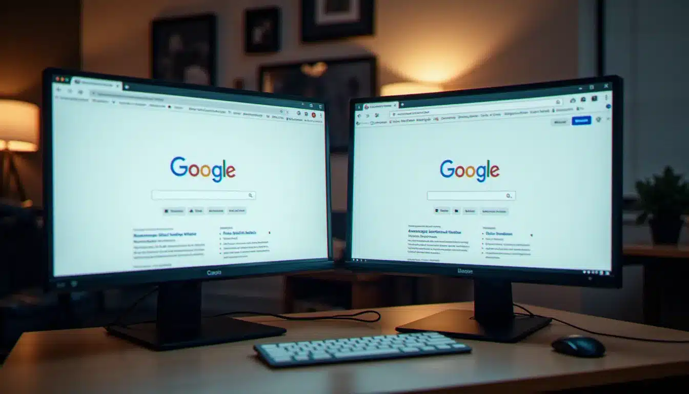 Comparaison de deux interfaces de moteurs de recherche sur un écran d'ordinateur de bureau dans un environnement de travail moderne