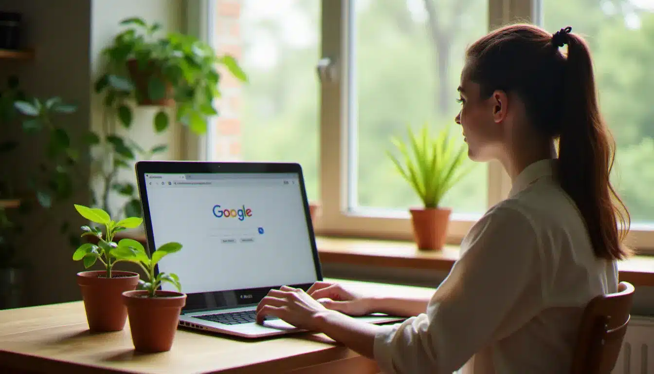 Une femme utilisant un moteur de recherche Ecosia sur son ordinateur portable, entourée de petites plantes vertes près d'une fenêtre lumineuse
