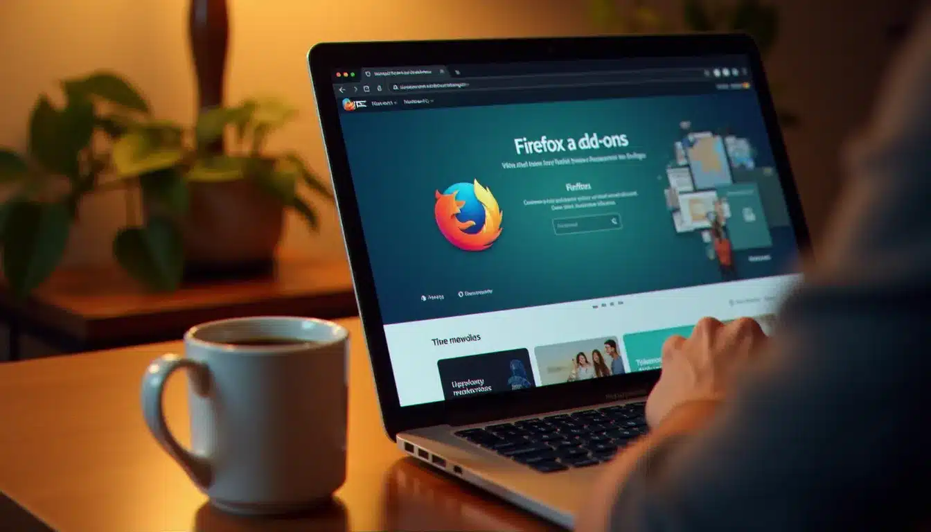 Personne parcourant la boutique officielle d'extensions Firefox sur un ordinateur portable posé sur un bureau en bois avec une tasse de café