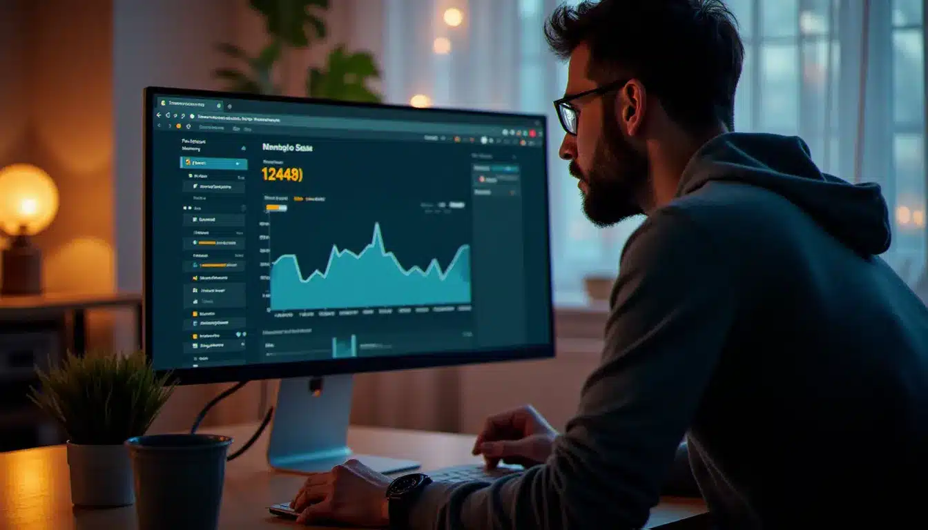 Écran d'ordinateur affichant des statistiques de performances de navigateur avec graphiques de consommation mémoire, illustrant l'impact des extensions Firefox sur la vitesse de navigation