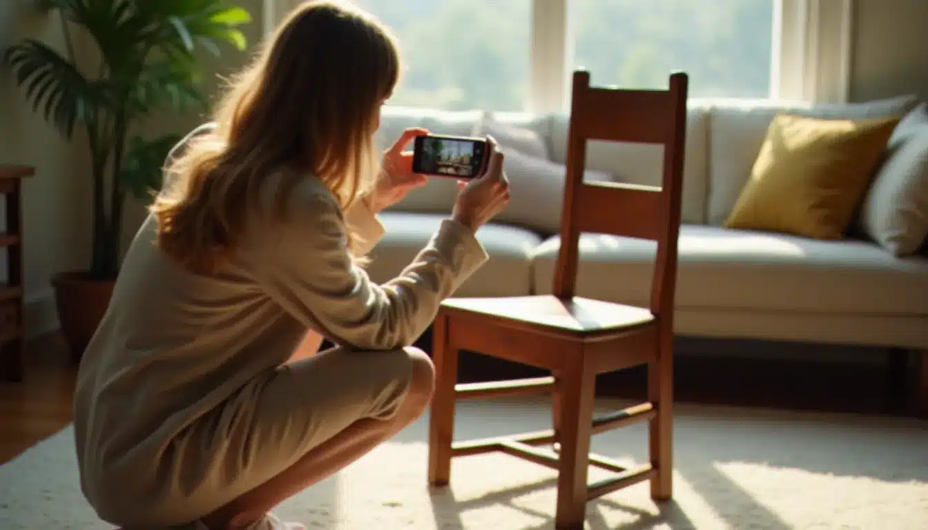 Une femme prenant en photo un meuble d'occasion avec son smartphone pour créer une annonce sur une plateforme de vente en ligne comme Facebook Marketplace