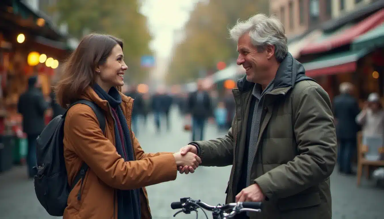 Deux personnes se retrouvant en ville pour une transaction de vente entre particuliers d'un vélo d'occasion, illustrant une remise en main propre suite à une annonce sur Facebook Marketplace