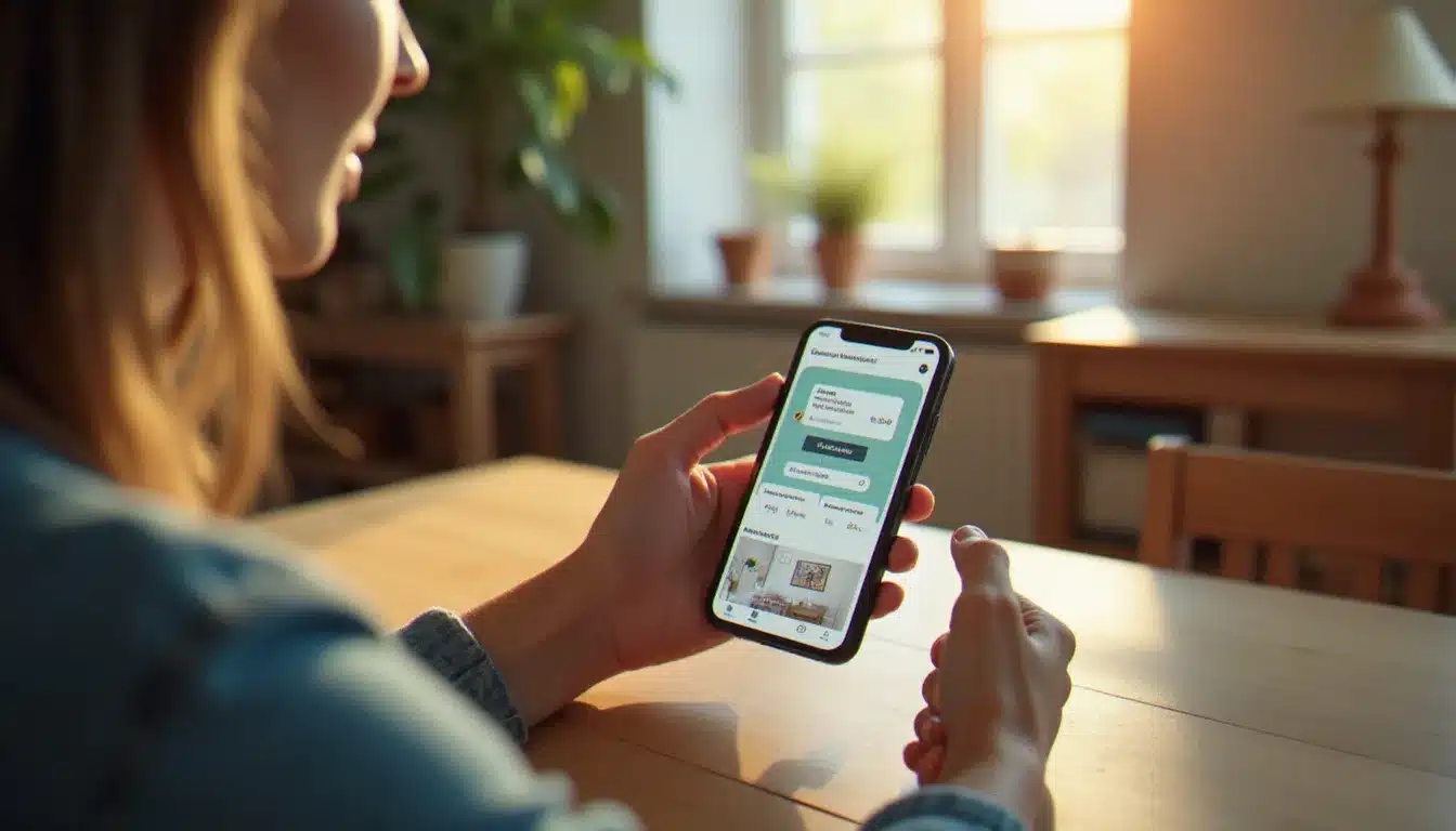 Une personne utilisant Facebook Marketplace sur smartphone pour publier une annonce de vente d'objets d'occasion, avec des articles à vendre posés sur une table en bois