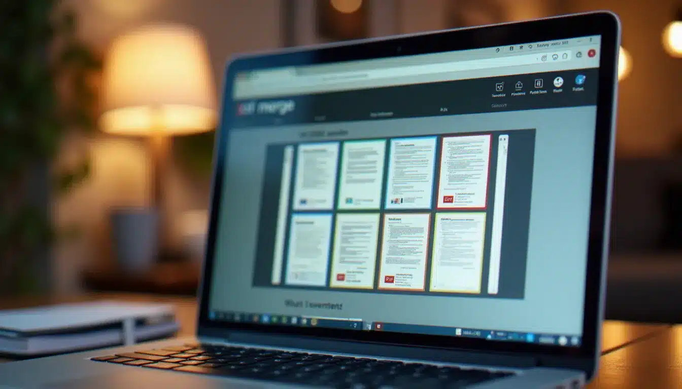 Écran d'ordinateur affichant un outil en ligne pour fusionner des PDF avec plusieurs aperçus de documents visibles