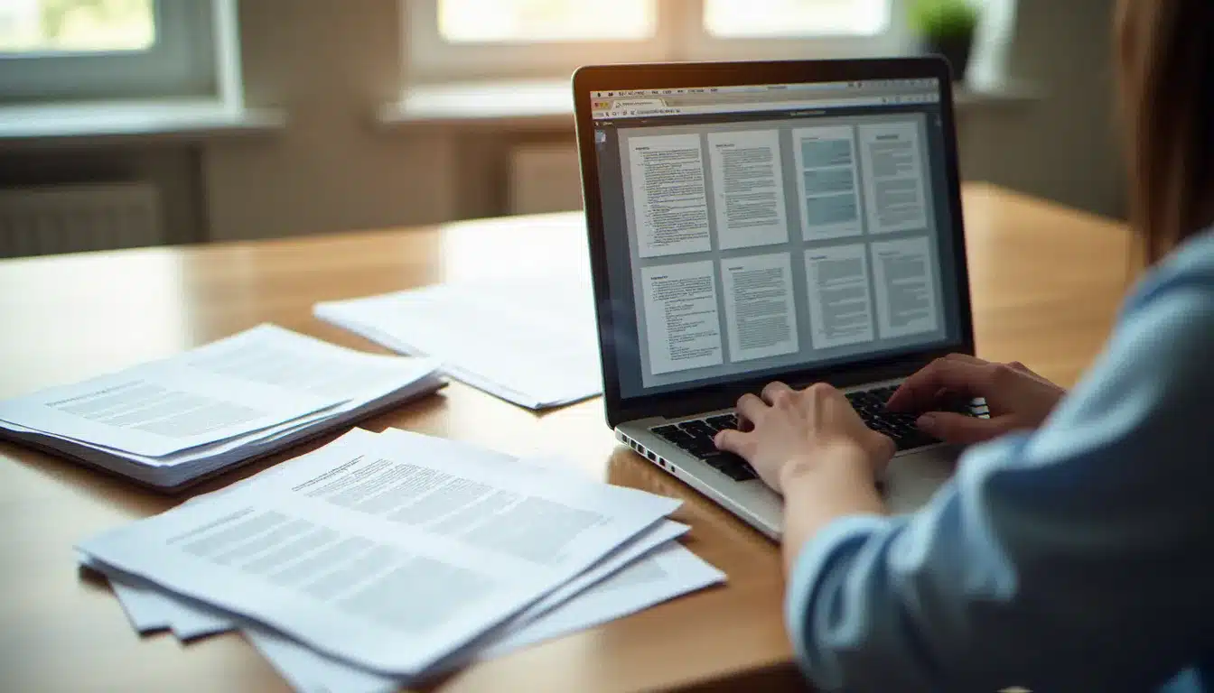 Une personne à son bureau fusionnant plusieurs fichiers PDF sur son ordinateur portable avec des documents imprimés à côté