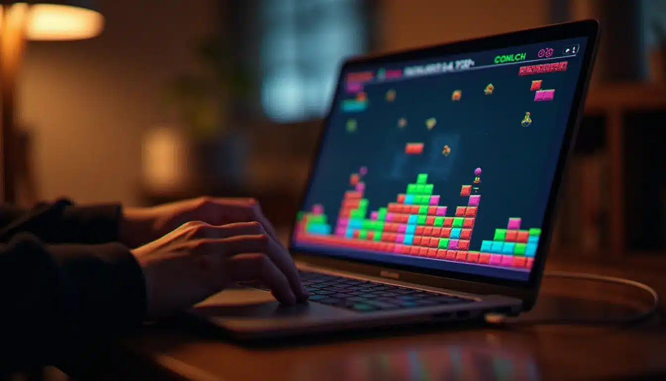 Mains posées sur un clavier d'ordinateur portable pendant une partie de casse-briques en ligne, jeu de block breaker visible sur l'écran