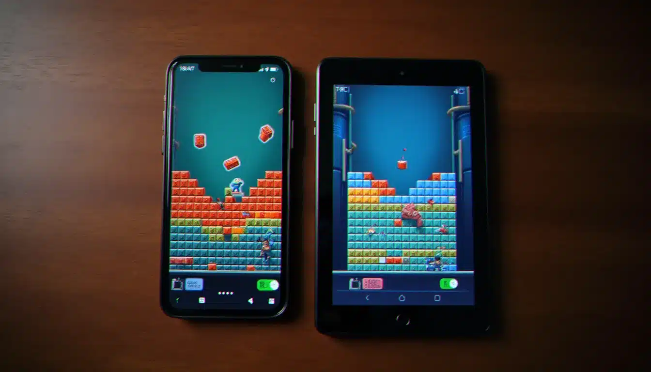 Smartphone et tablette posés côte à côte affichant des alternatives modernes au google block breaker, jeux de casse-briques sur applications mobiles