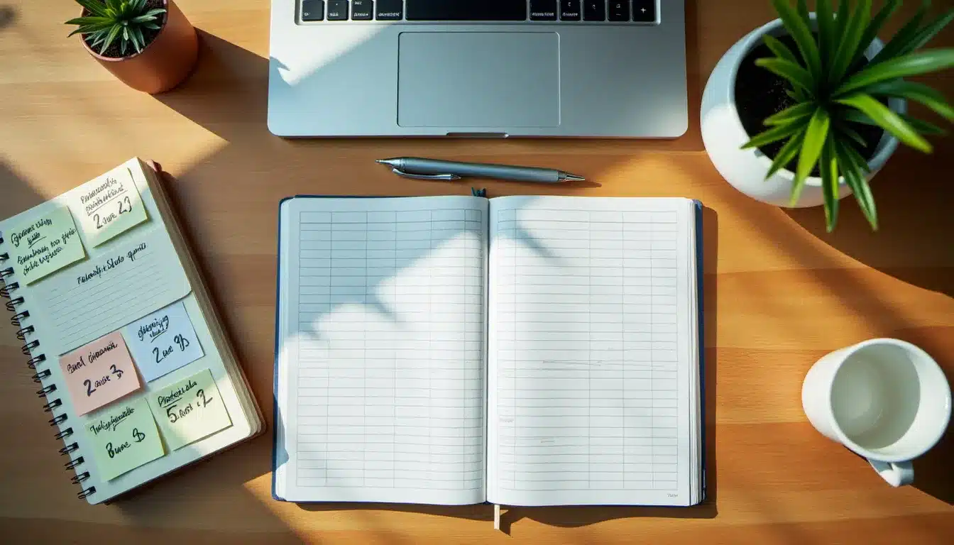 Bureau vu du dessus avec ordinateur portable ouvert sur une feuille de calcul vierge et des notes manuscrites pour organiser un fichier Google Sheet