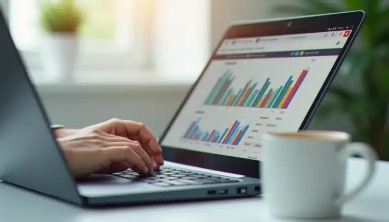 Personne utilisant Google Sheet sur un ordinateur portable avec des graphiques et tableaux de données visibles à l'écran