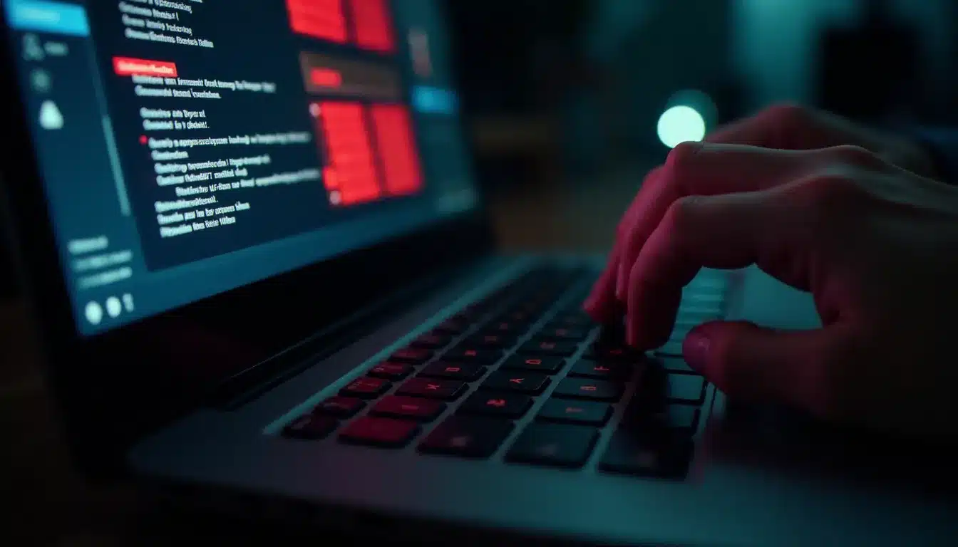 Mains tapant sur un clavier d'ordinateur avec une interface d'alerte de sécurité illustrant la vérification Have I Been Pwned