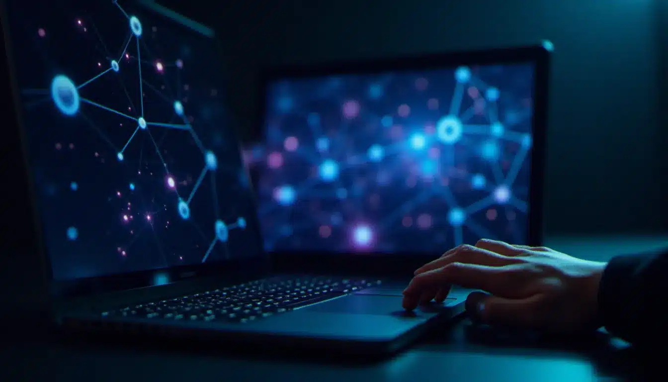 Visualisation d'un réseau neuronal sur écran d'ordinateur représentant le fonctionnement technique des modèles d'IA génératifs