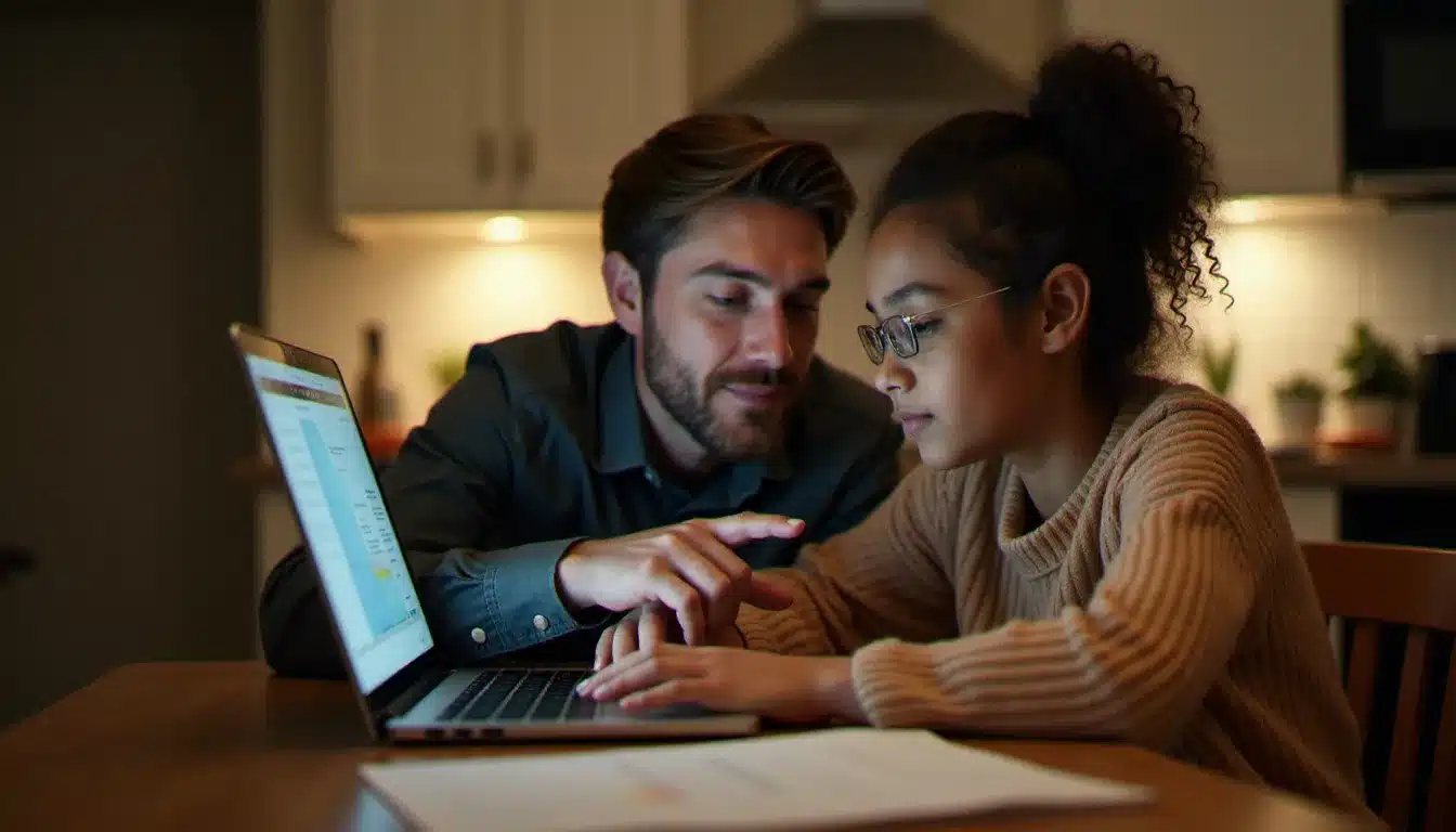 Un parent expliquant à son adolescent les risques liés aux contenus générés par IA dans un cadre familial bienveillant