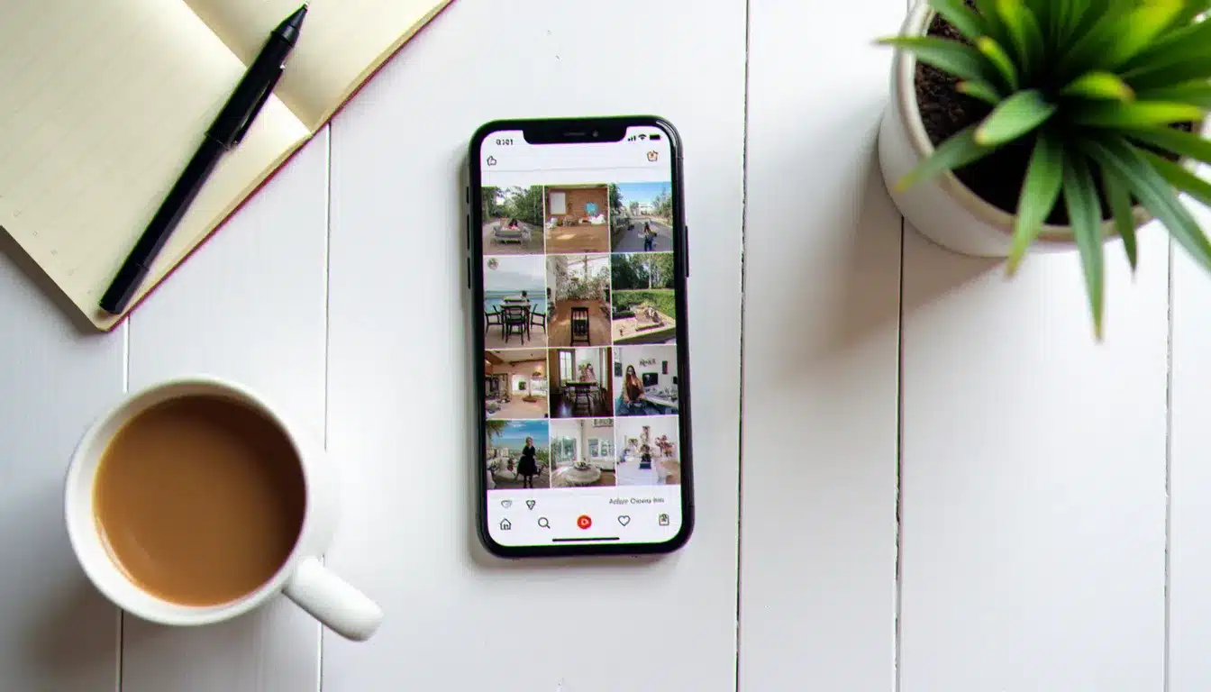 Vue de dessus d'un smartphone en mode création de story Instagram sur un bureau blanc avec cahier et stylet