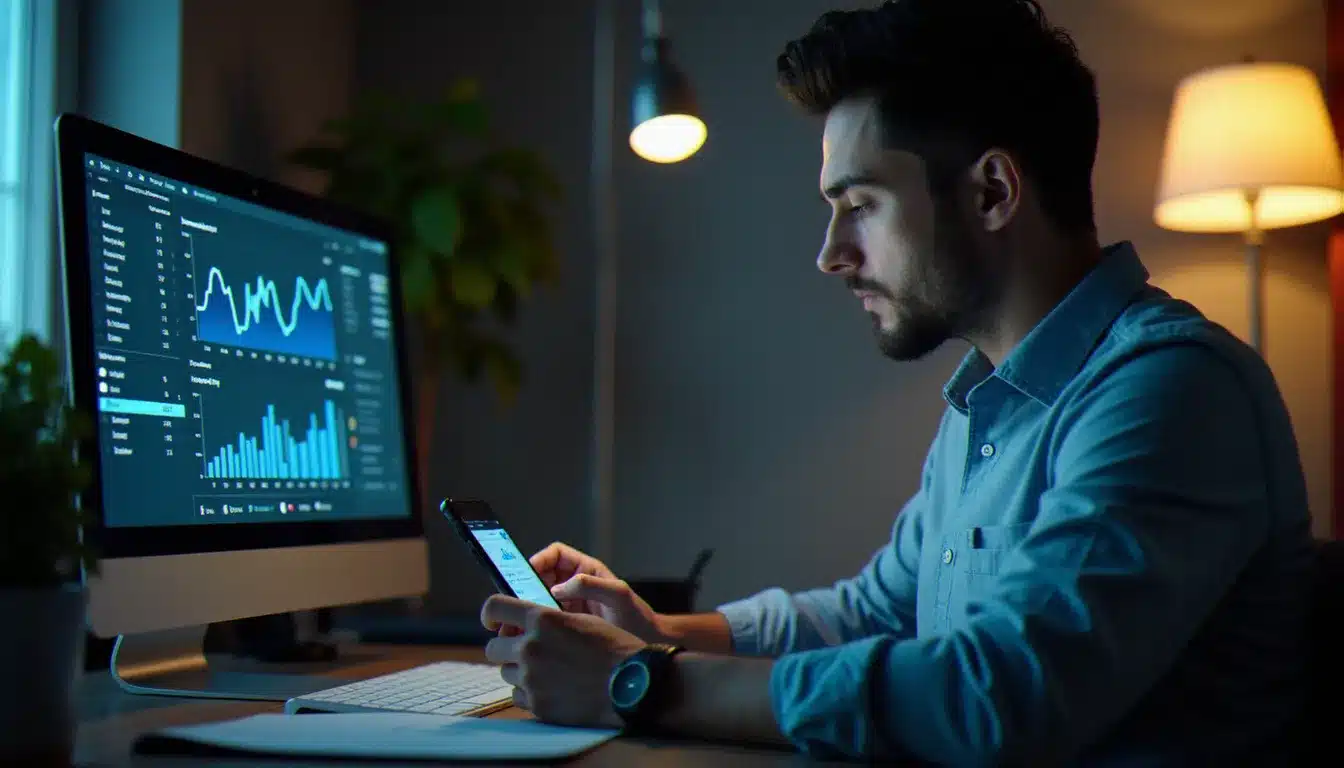 Homme consultant les statistiques de ses stories Instagram sur un smartphone dans un bureau moderne