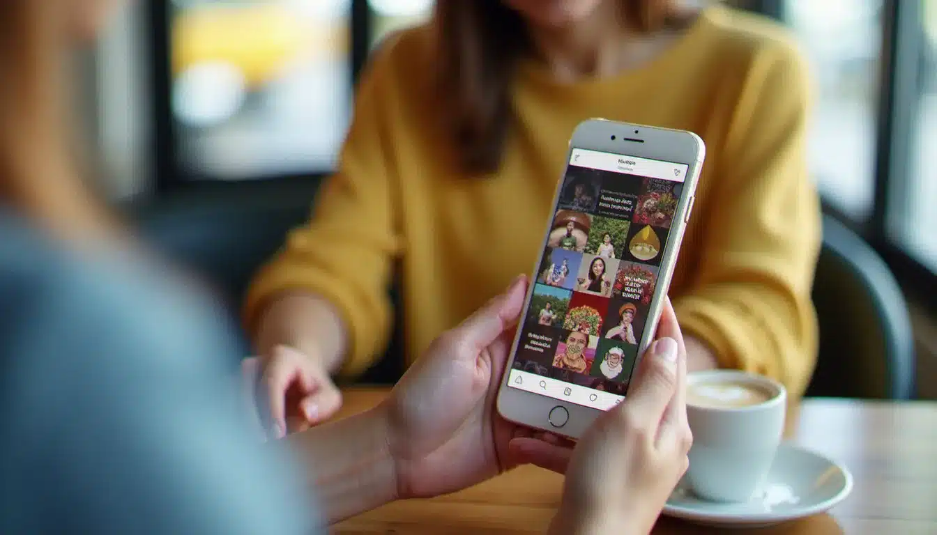 Mains tenant un smartphone affichant une insta story colorée avec des autocollants, dans un café lumineux