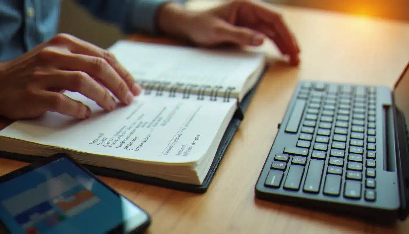 Mains sur un clavier avec des statistiques d'email marketing affichées sur smartphone, symbolisant la gestion de campagnes mailchimp au quotidien
