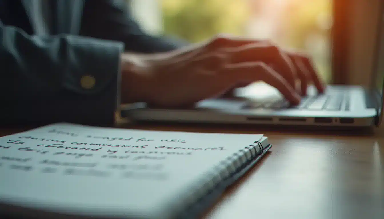 Mains d'un vendeur configurant son compte sur une marketplace, avec des notes manuscrites sur les frais et commissions posées à côté de l'ordinateur