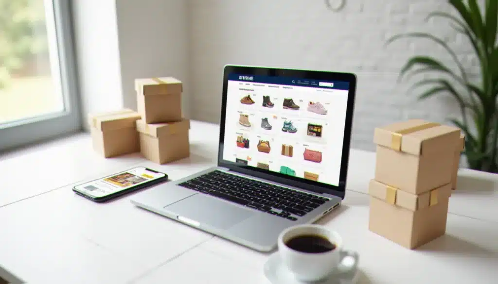 Ordinateur portable affichant une interface de marketplace en ligne avec des fiches produits colorées, entouré de colis et d'un smartphone sur un bureau blanc