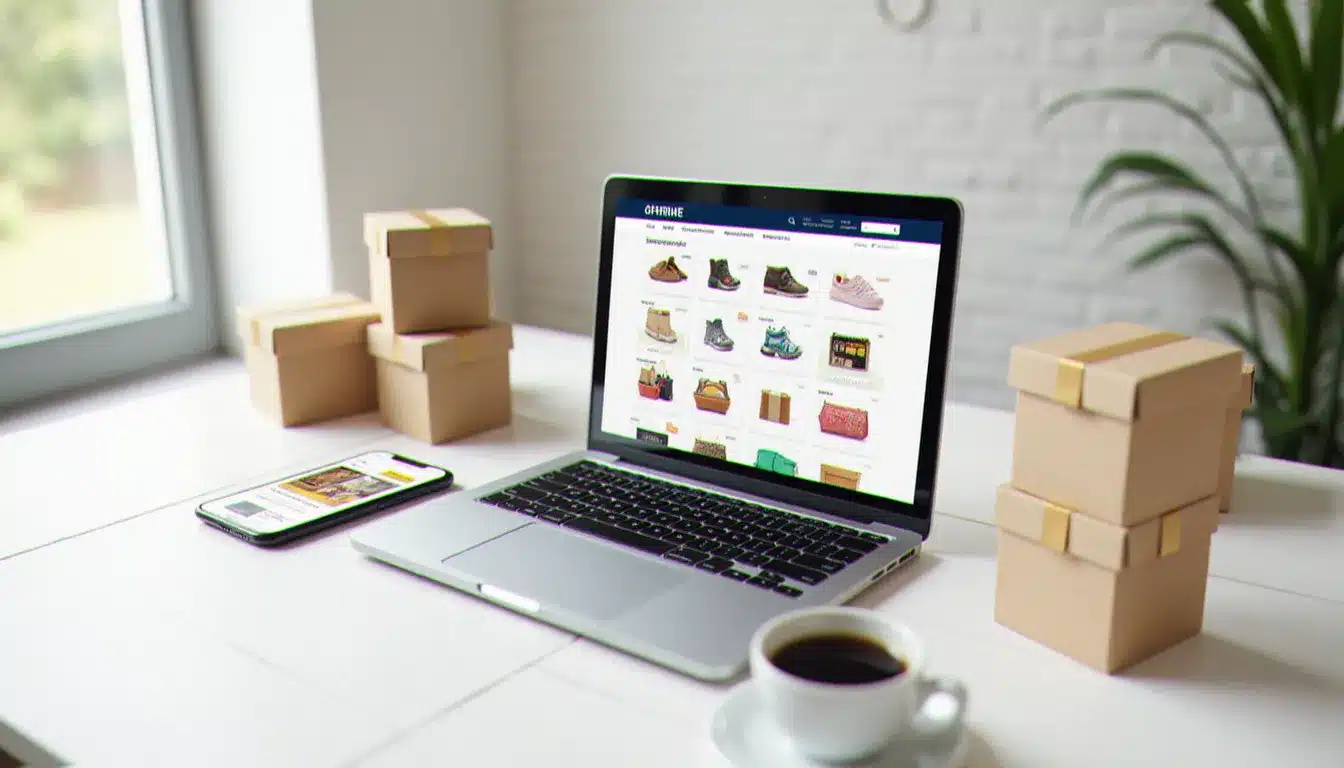 Ordinateur portable affichant une interface de marketplace en ligne avec des fiches produits colorées, entouré de colis et d'un smartphone sur un bureau blanc