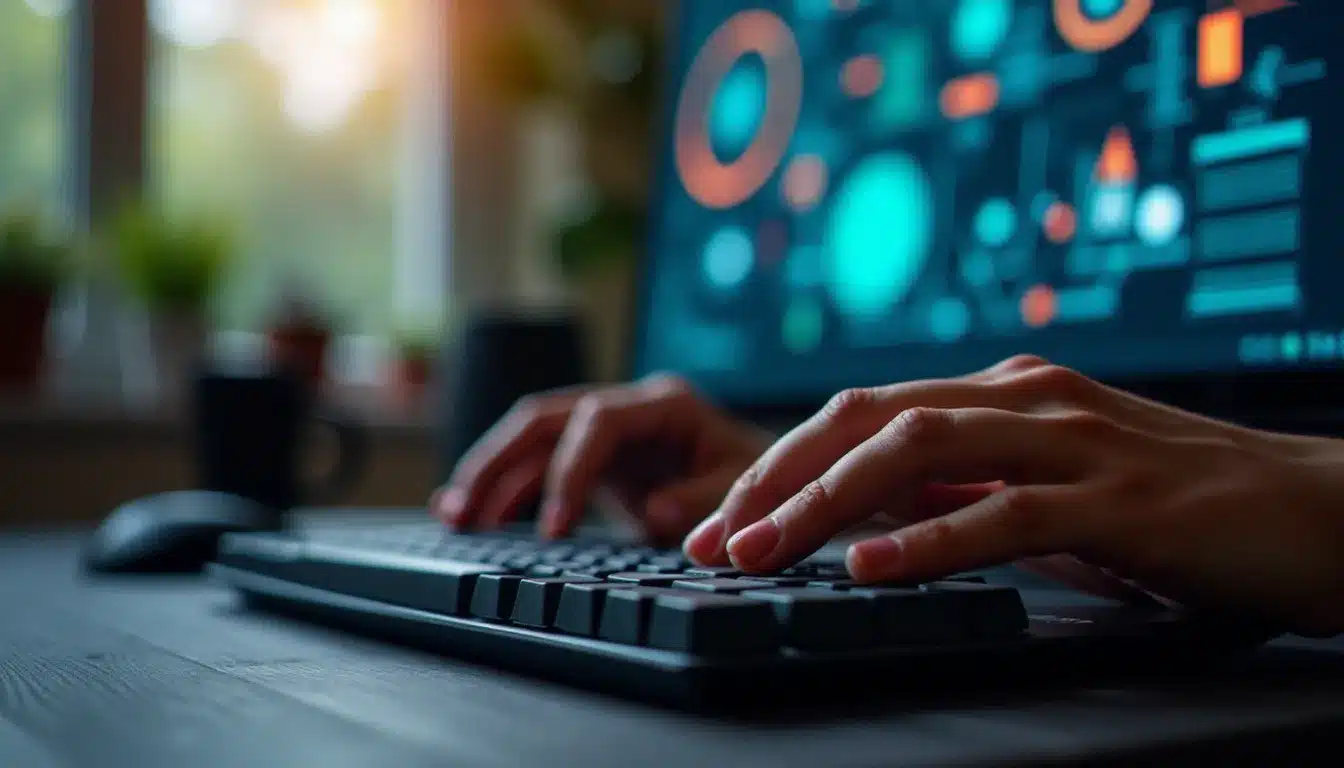 Mains tapant un prompt sur un clavier avec des images générées par intelligence artificielle visibles en arrière-plan sur un écran