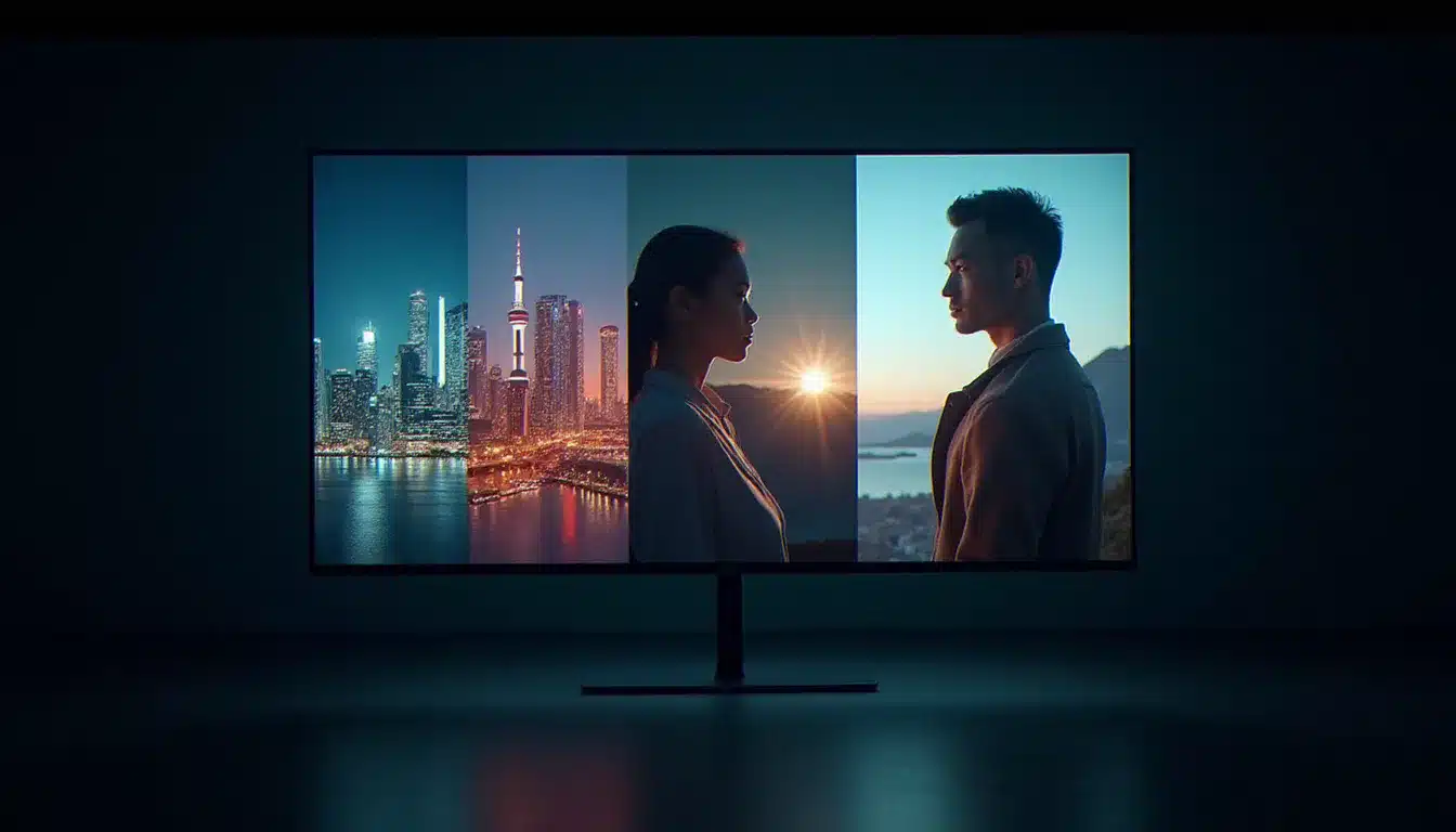 Comparaison de quatre styles d'images générées par IA affichées côte à côte sur un grand écran dans un studio sombre aux lumières cinématographiques