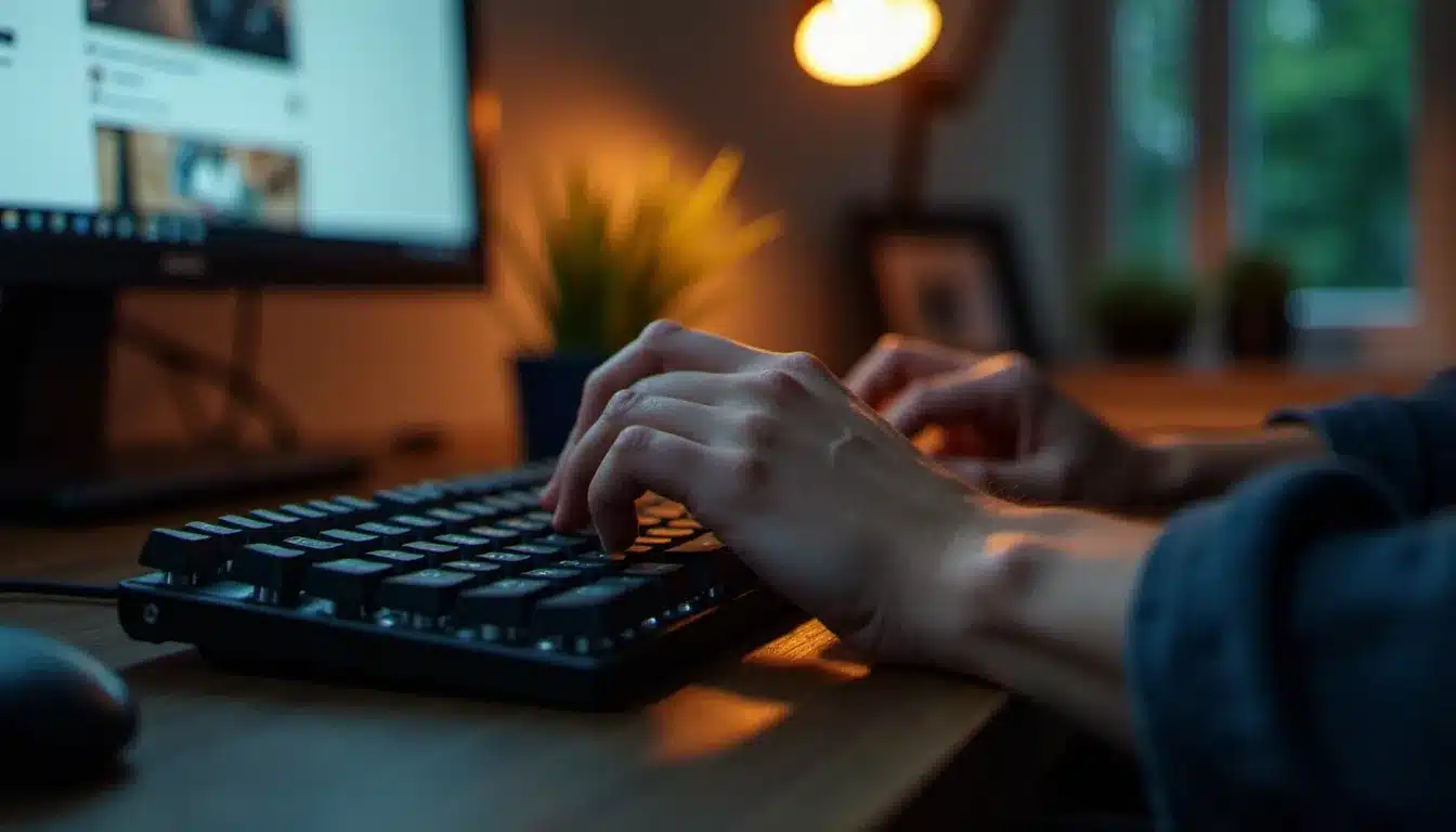 Mains tapant sur un clavier pour accéder à un outil de visualisation de contenu Instagram en ligne, navigateur visible en arrière-plan