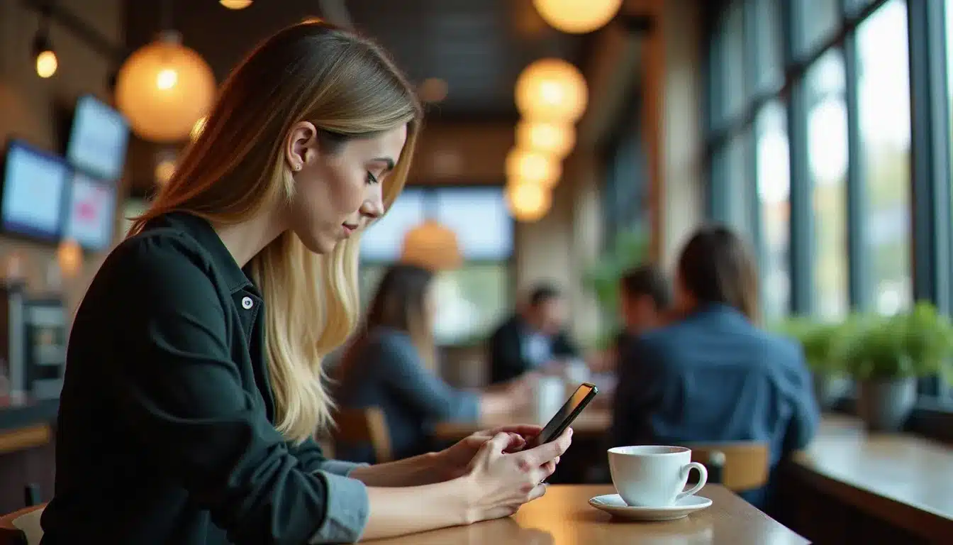 Femme comparant plusieurs outils de consultation de contenu Instagram sur deux smartphones dans un café lumineux, dans le cadre d'une veille concurrentielle