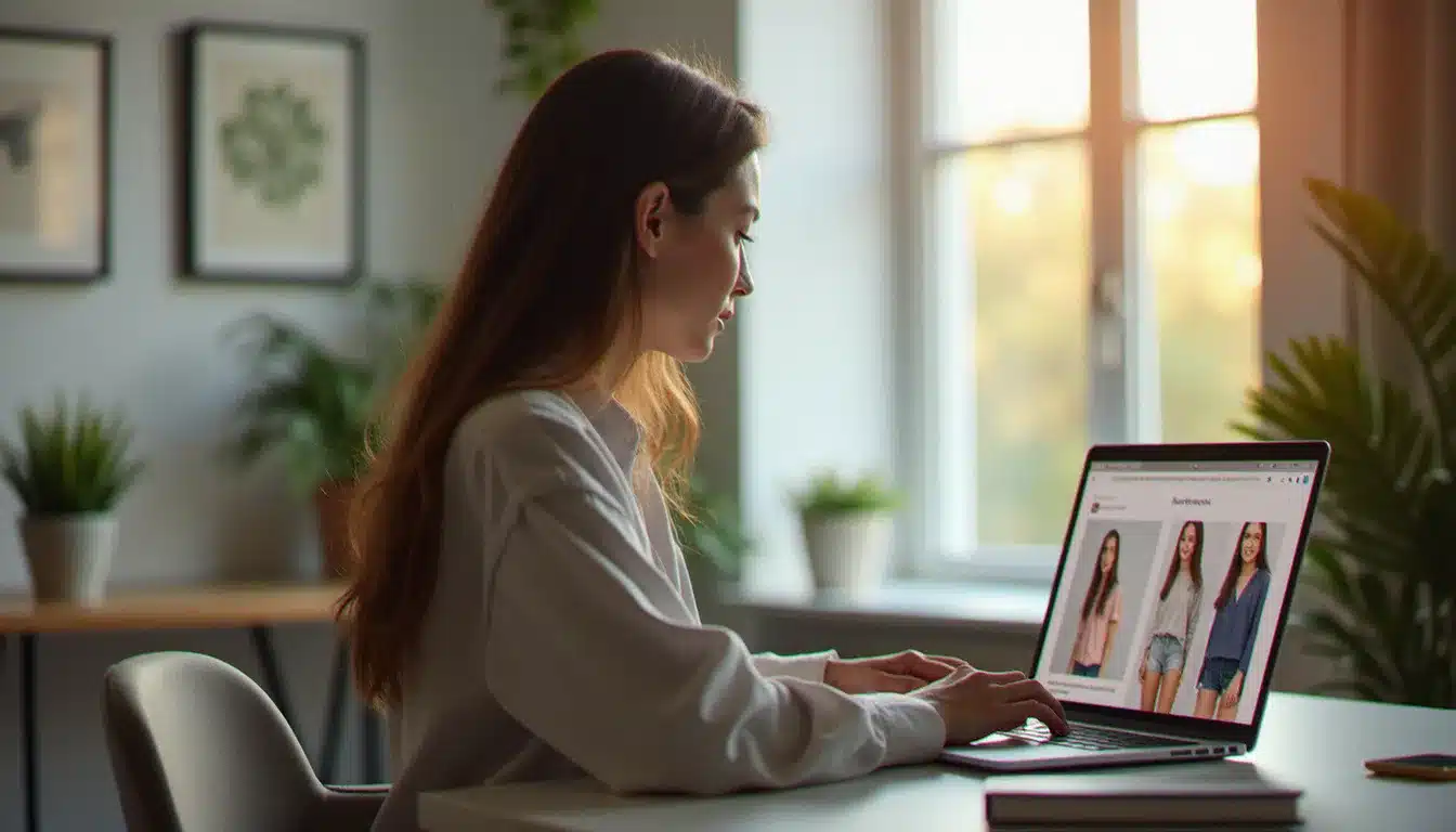 Personne utilisant un outil de visualisation de contenu Instagram comme Mollygram sur un ordinateur portable dans un bureau moderne éclairé naturellement