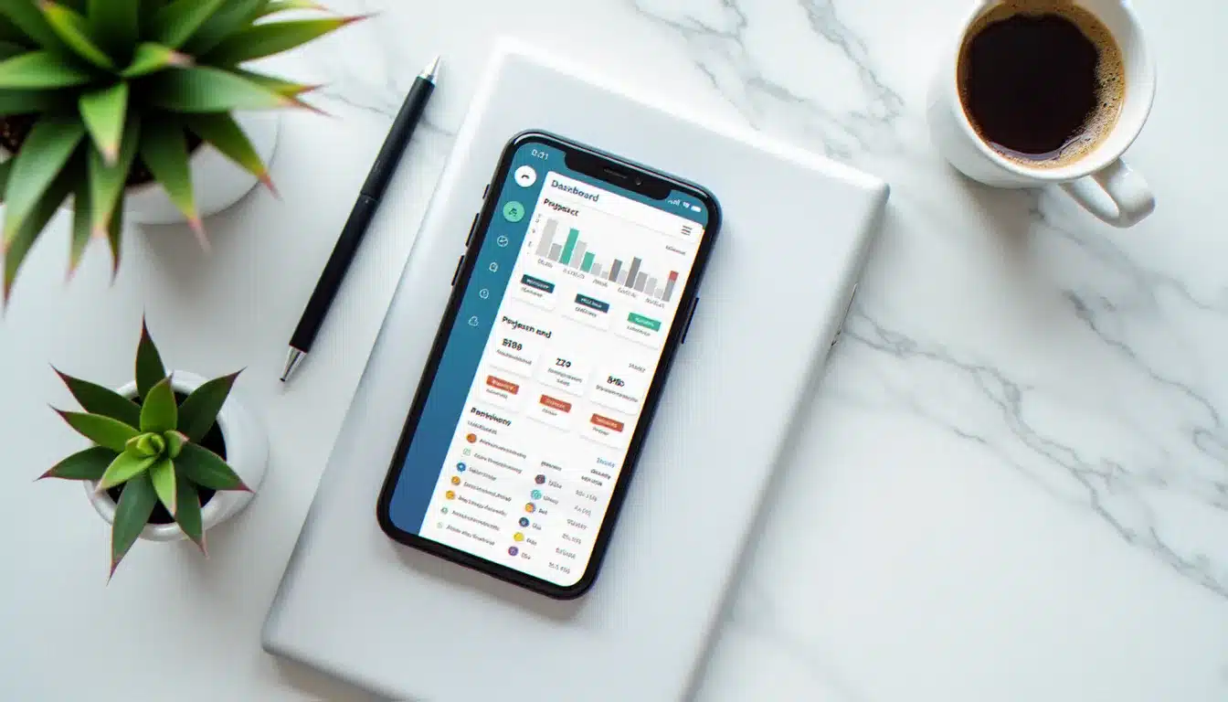 Vue aérienne d'un bureau avec smartphone affichant un tableau de bord d'outils SaaS pour la gestion d'une activité indépendante