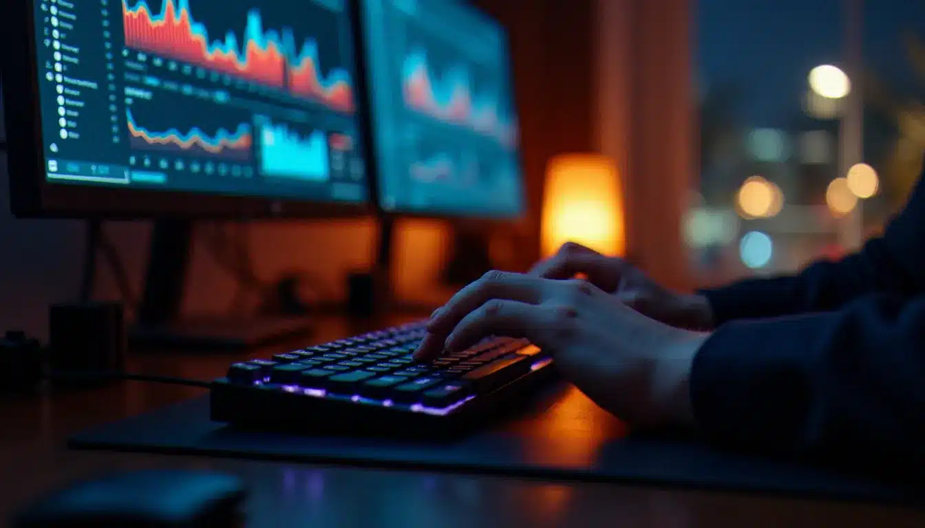 Mains d'un indépendant en train d'analyser les performances de son activité sur des tableaux de bord analytiques la nuit