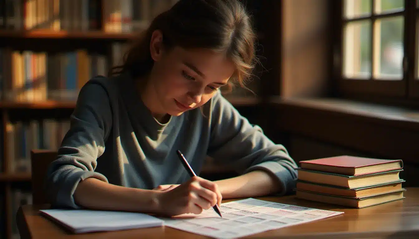 Un étudiant qui rédige des fiches de vocabulaire à son bureau dans une bibliothèque, illustrant l'apprentissage des langues par tirage aléatoire de mots