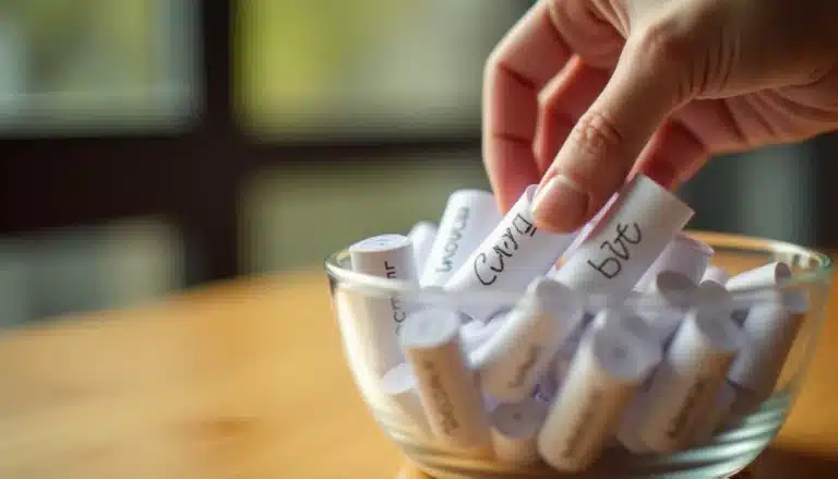 Une main qui pioche un papier plié parmi de nombreux mots hasard écrits à l'encre dans un bol en verre, illustrant le concept de tirage aléatoire de mots
