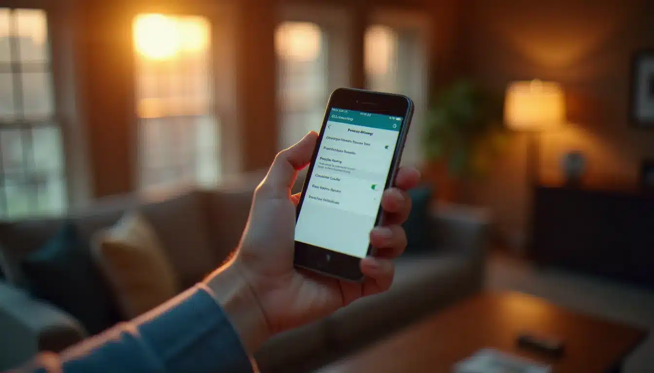 Main tenant un smartphone avec un écran de paramètres de confidentialité ouvert, illustrant la gestion des données personnelles et la désactivation des historiques numériques
