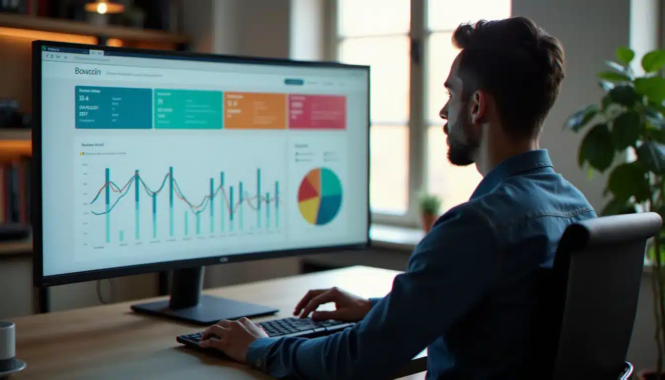 Une personne consultant son tableau de bord d'activité numérique myactivity sur un grand écran dans un bureau moderne éclairé naturellement
