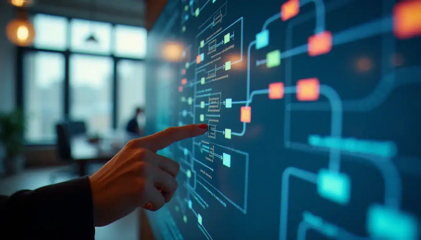 Mains connectant des nœuds dans une interface visuelle d'automatisation de type n8n sur écran tactile