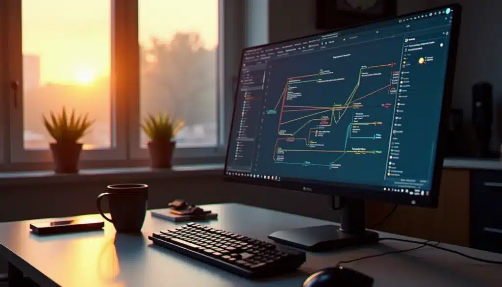 Interface de création de workflow d'automatisation n8n sur un écran d'ordinateur dans un bureau moderne