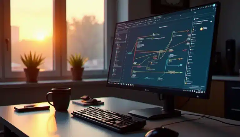 Interface de création de workflow d'automatisation n8n sur un écran d'ordinateur dans un bureau moderne
