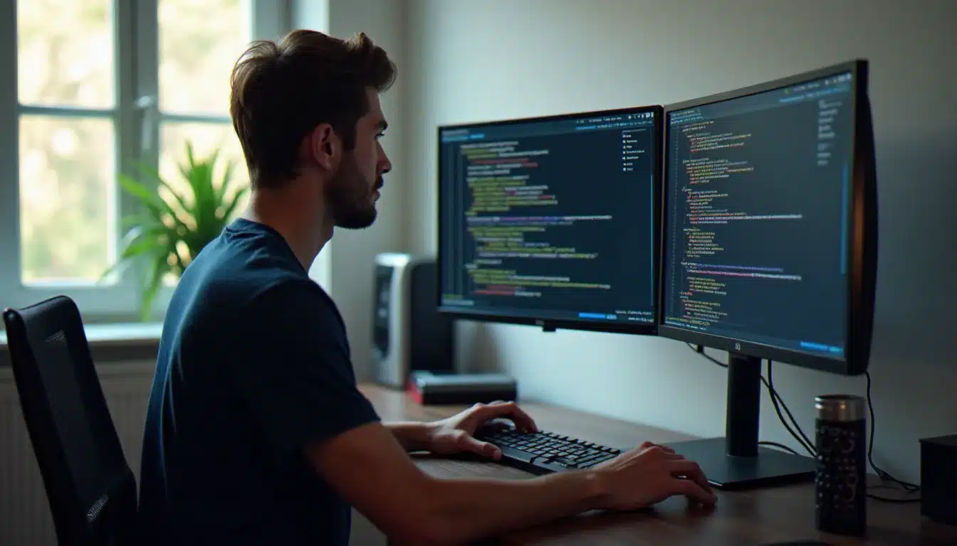Développeur configurant un serveur nginx sur ses écrans dans un bureau moderne éclairé naturellement