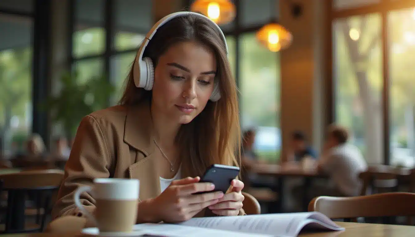 Utilisatrice écoutant un résumé audio généré par intelligence artificielle depuis ses documents, illustrant la fonctionnalité Audio Overview disponible dans NotebookLM