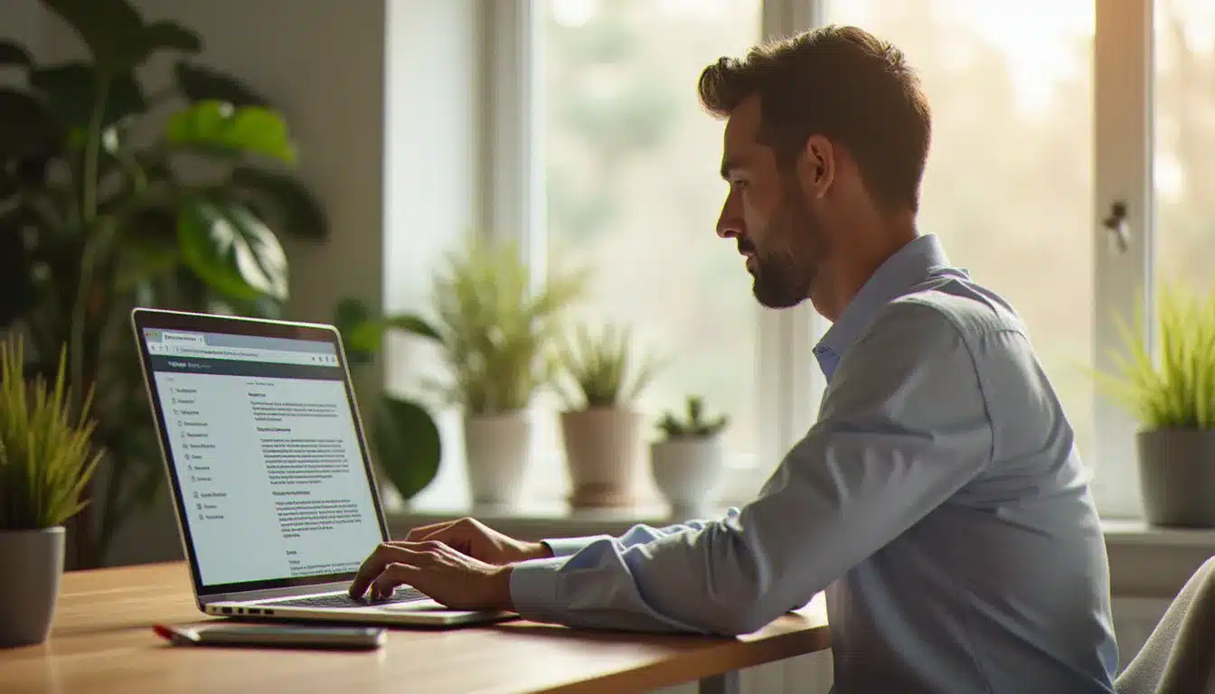 Professionnel utilisant un outil IA comme NotebookLM sur son ordinateur portable pour analyser des documents, dans un bureau épuré baigné de lumière naturelle