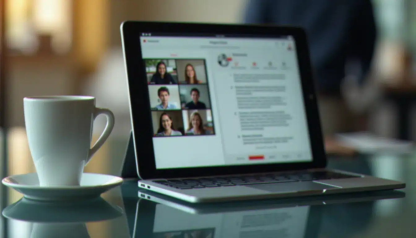 Tablette affichant une réunion Teams et un document Office 365 en co-édition sur un bureau en verre