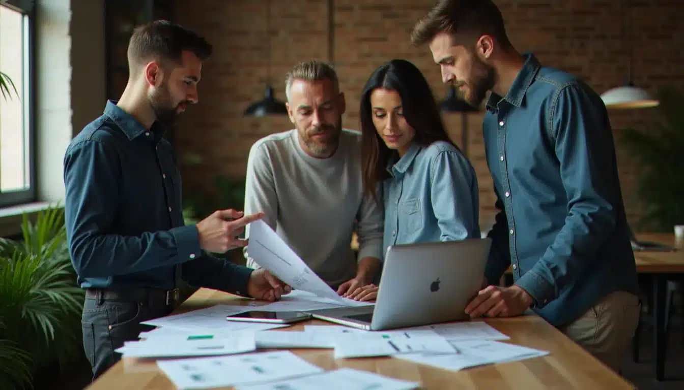 Petite équipe en entreprise consultant des documents Office 365 sur ordinateur portable dans un espace de travail collaboratif