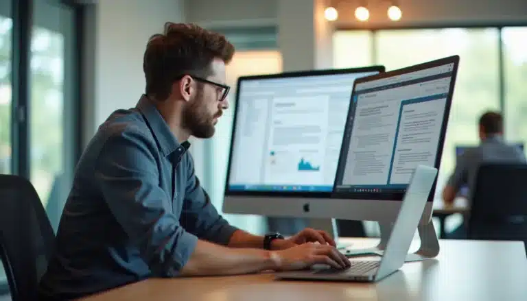Professionnel travaillant sur un ordinateur avec la suite Office 365 ouverte dans un bureau moderne lumineux